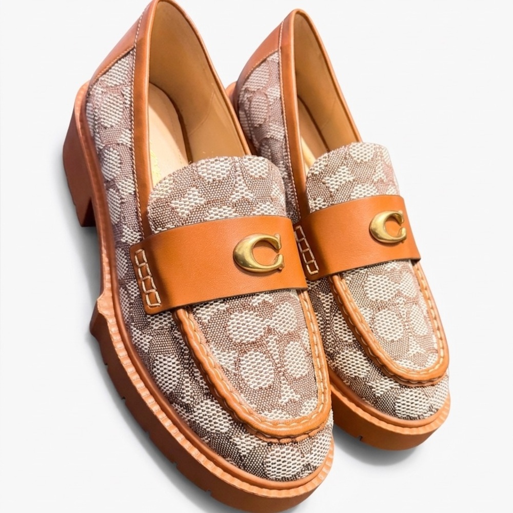 Coach Leah Platform Lug Sole Loafers - Signature Jacquard Cocoa/Amber US 10 - Picture 3 of 5